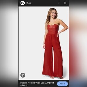 Bebe Red Strapless Pleated Wide-Leg Jumpsuit – Faux Leather Bodice – Size M